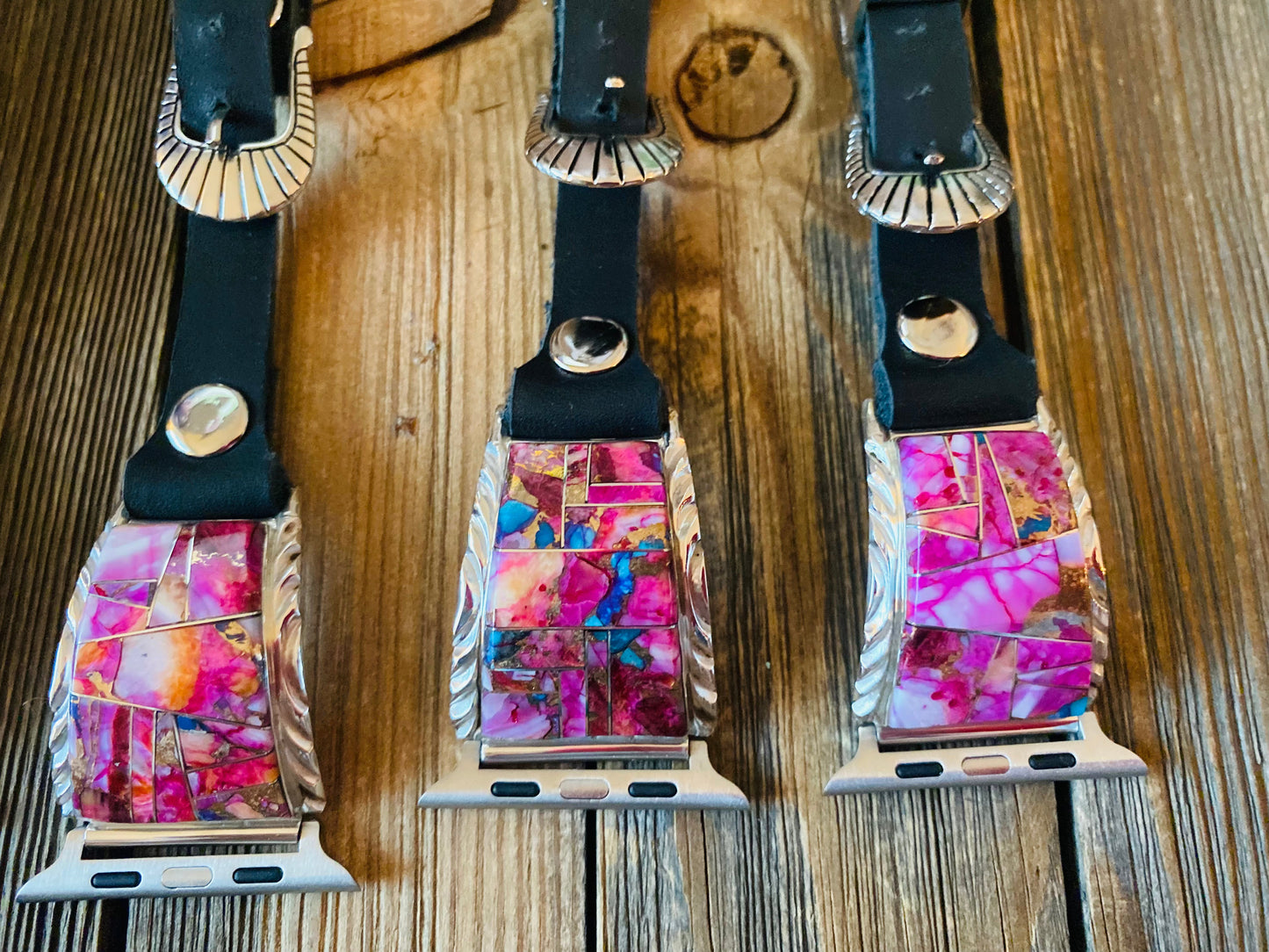 Handcrafted Pink Dream Mohave, Sterling Silver & Black Leather Smartphone Watch Band