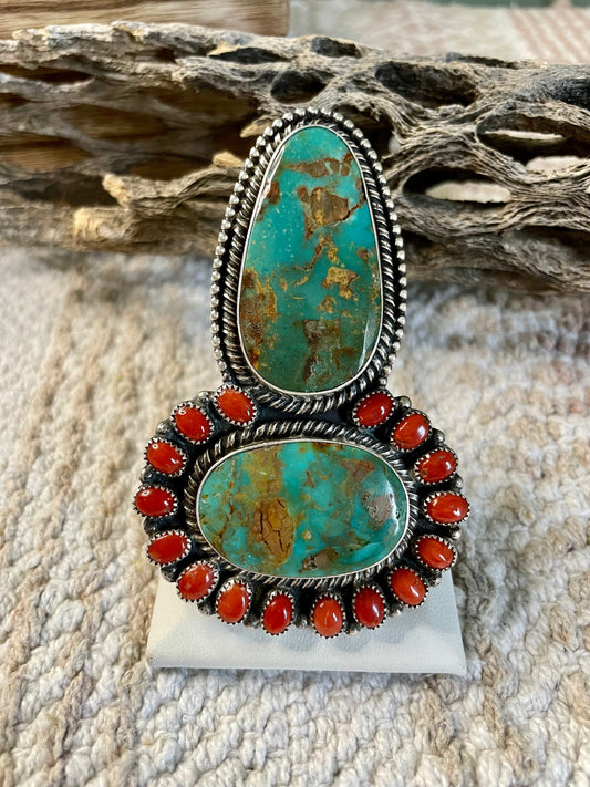Handcrafted Sterling Silver Royston Turquoise And Coral Ring Size 10 Signed