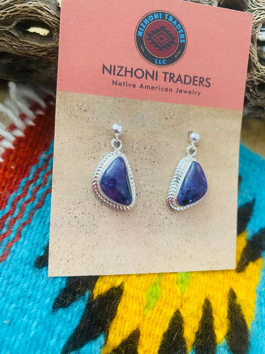 Handcrafted Charoite & Sterling Silver Dangle Earrings Signed