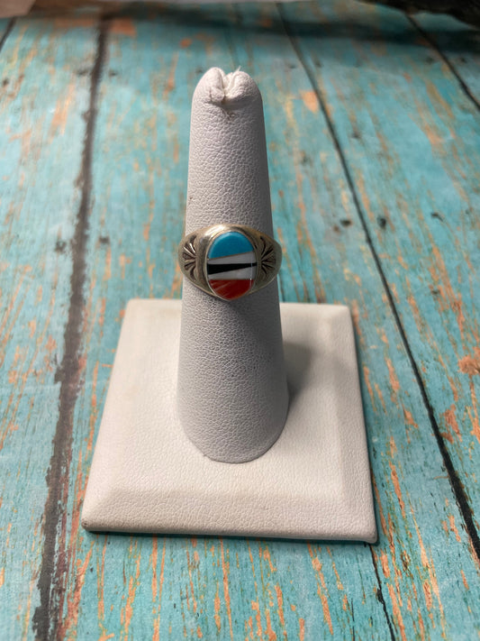 Old Pawn Handcrafted Sterling Silver & Multi Stone Inlay Ring Size 6