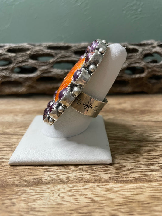 Handcrafted Sterling Silver And Orange And Purple Spiny Adjustable Ring