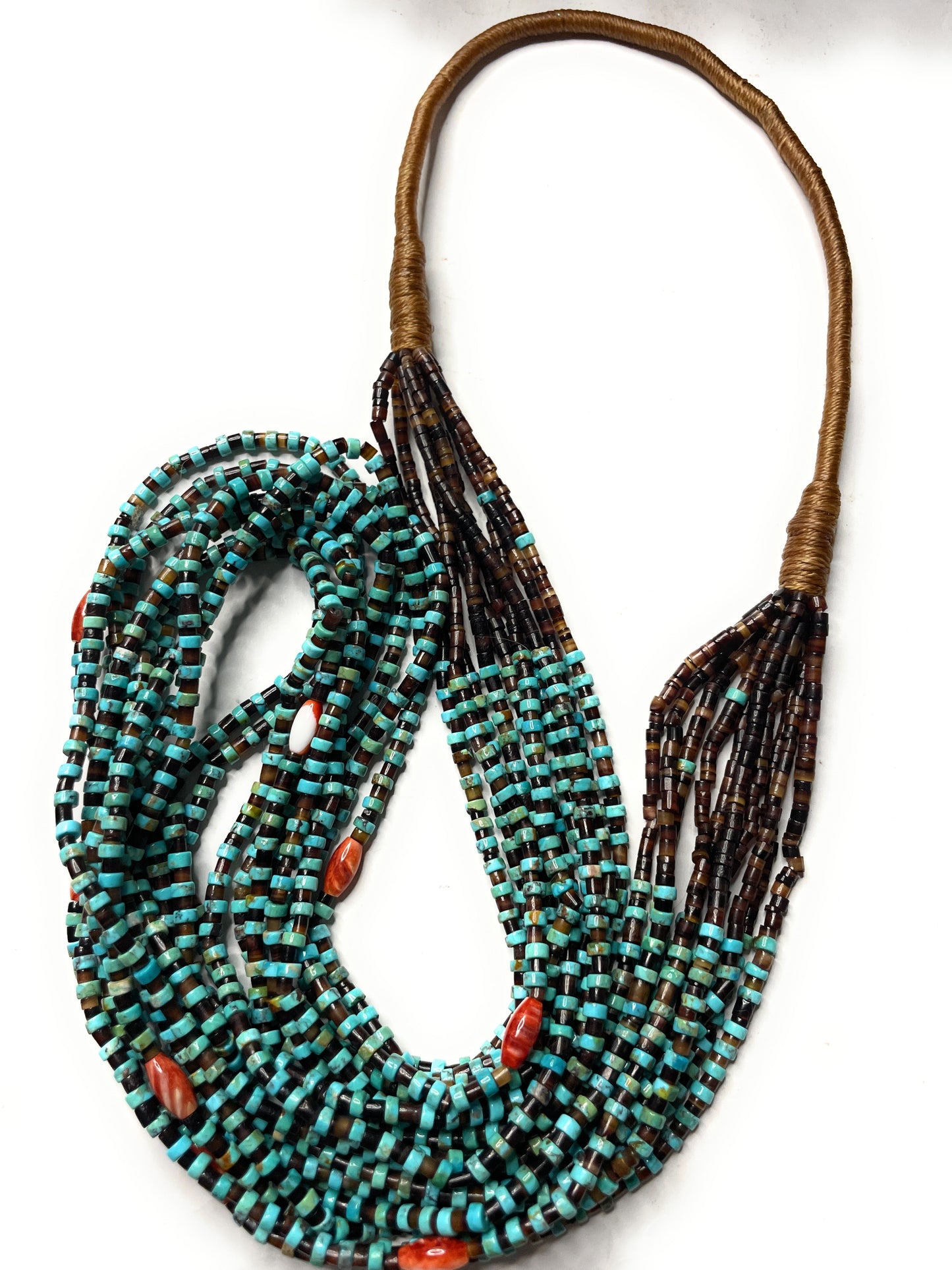 Handcrafted Turquoise, Spiny And Heishi Ten Strand Beaded Necklace