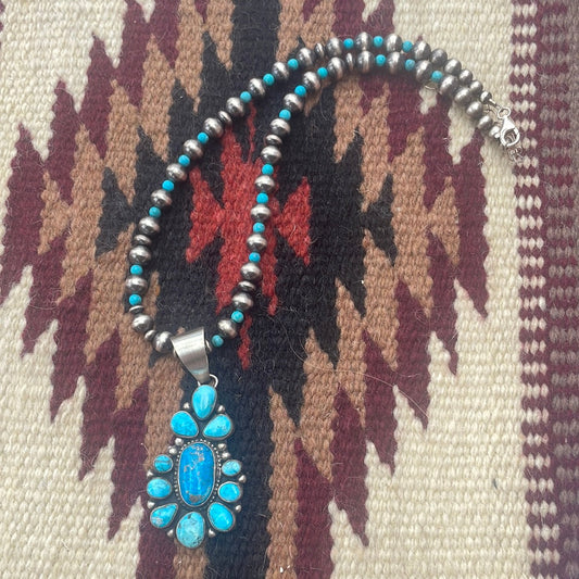 Handcrafted Sterling Silver & Turquoise Beaded Necklace With Pendant Signed Kathleen G