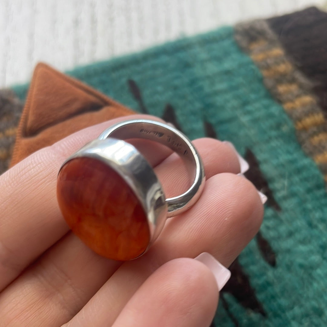Handcrafted Sterling Silver & Orange Spiny Ring Size 7