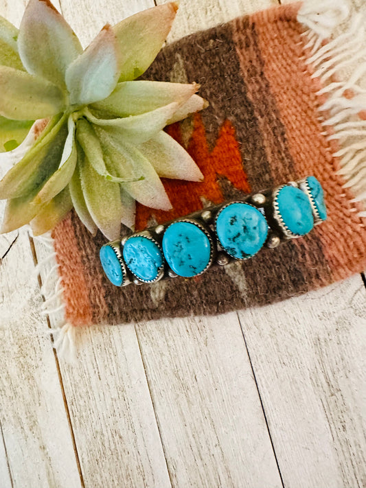 Navajo Old Pawn Vintage Kingman Turquoise & Sterling Silver Cuff Bracelet