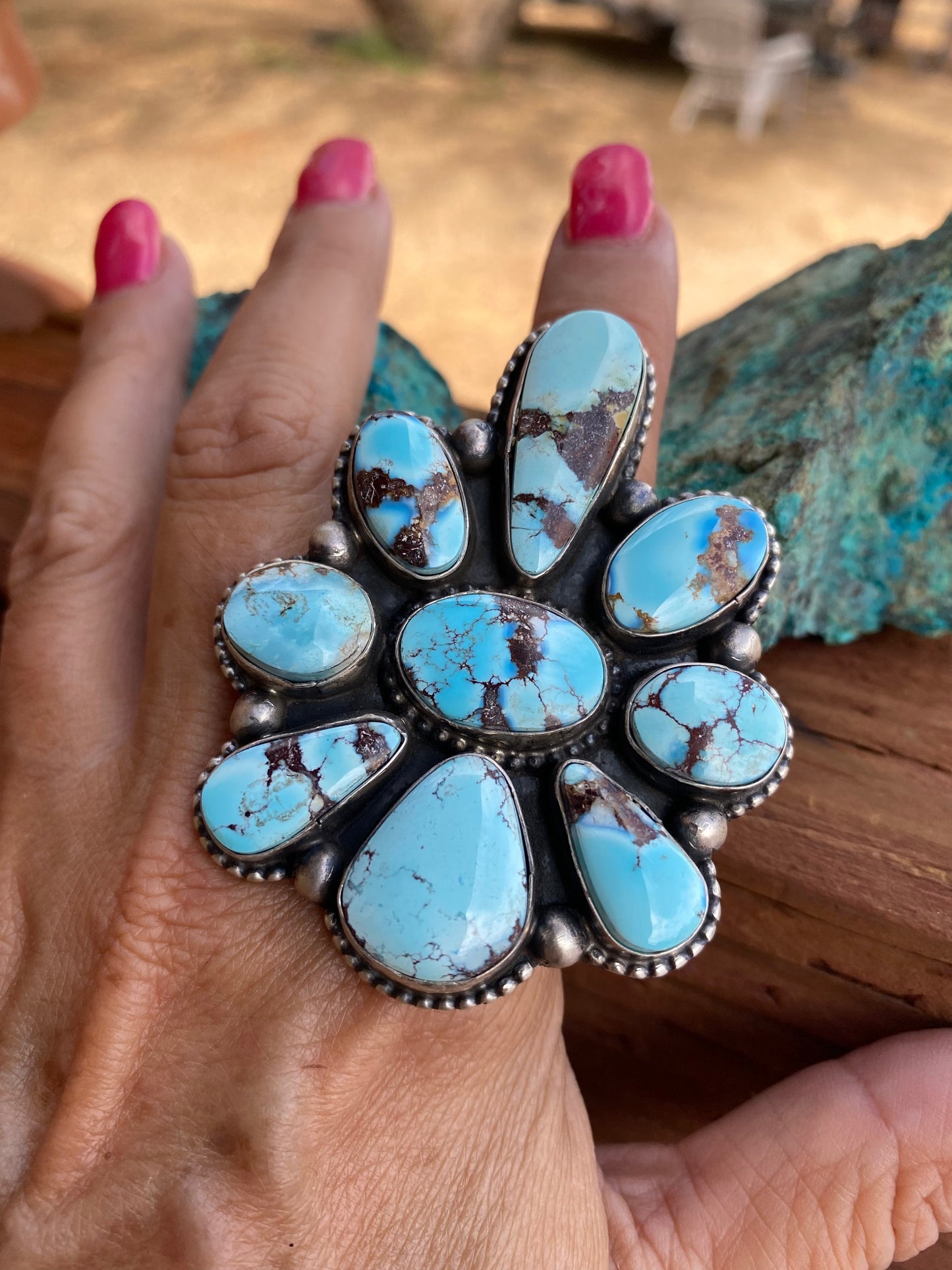 Handcrafted Golden Hills Turquoise & Sterling Silver Size  6.5 Signed Bobby Johnson
