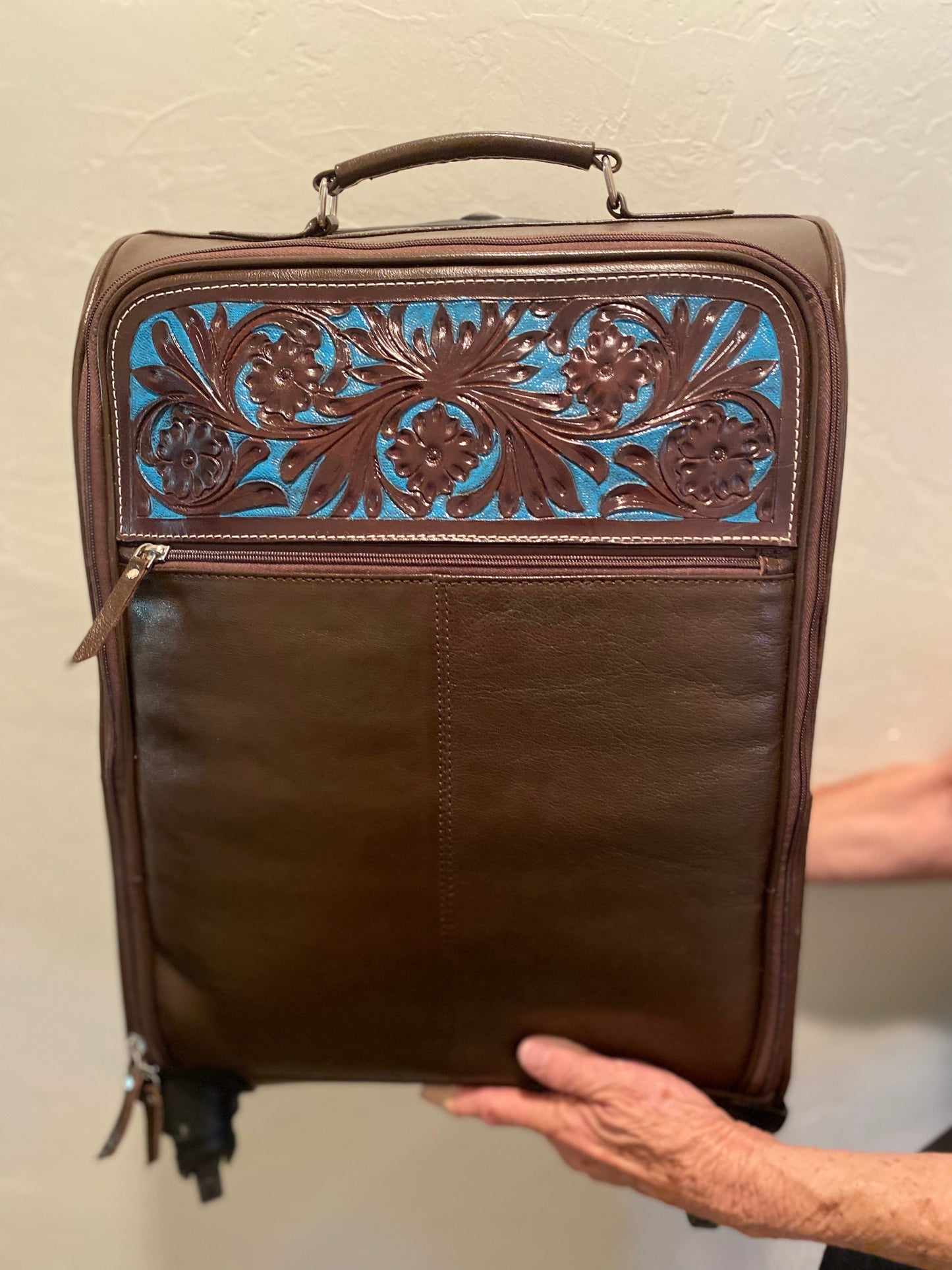 Chocolate Leather and Turquoise Carry On Roller Bag