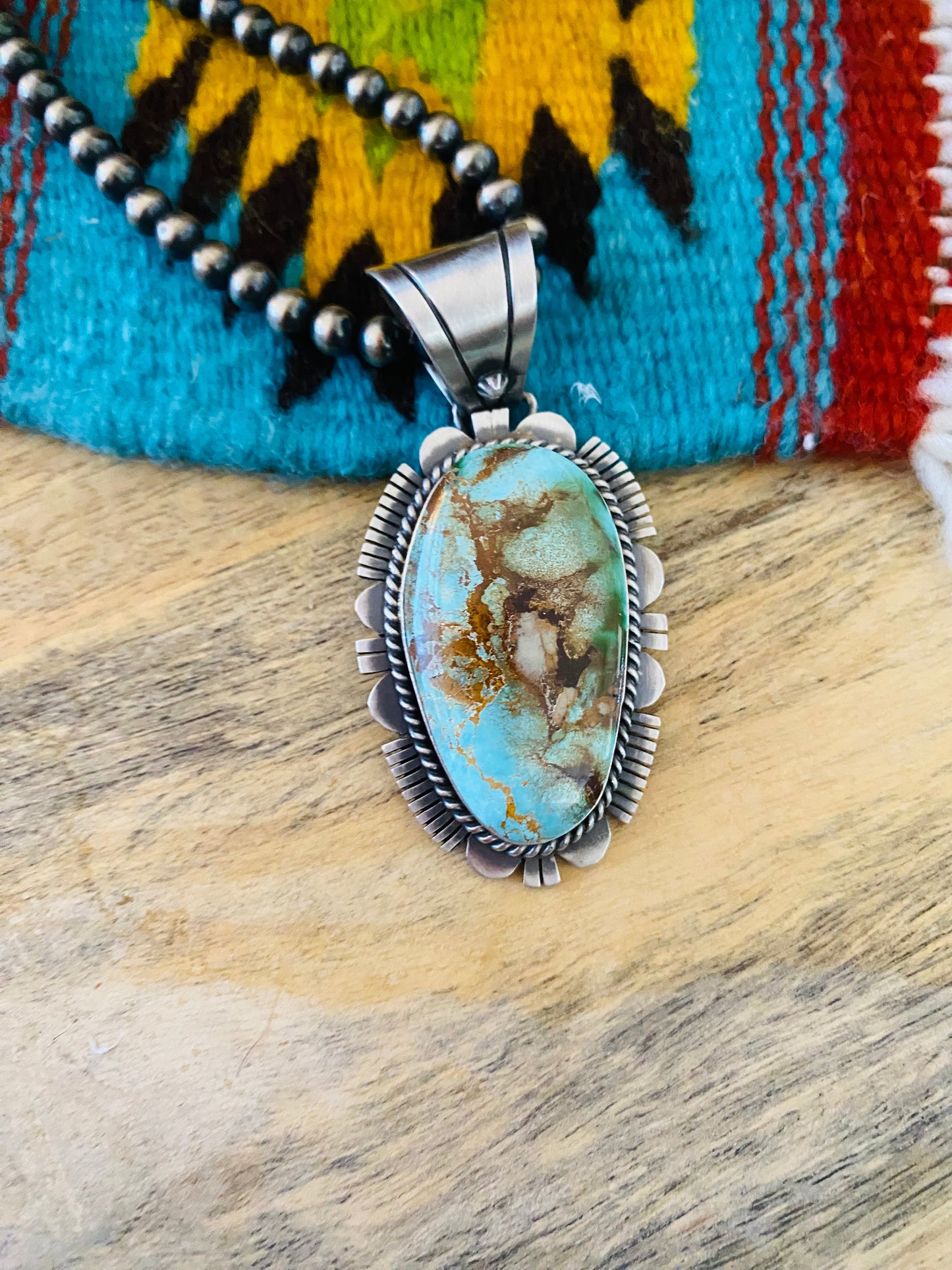 Handcrafted Royston Turquoise and Sterling Silver Pendant by Russell Sam