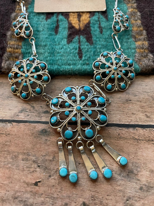 Handcrafted Sterling Silver & Turquoise Petit Point Necklace & Earring Set Signed
