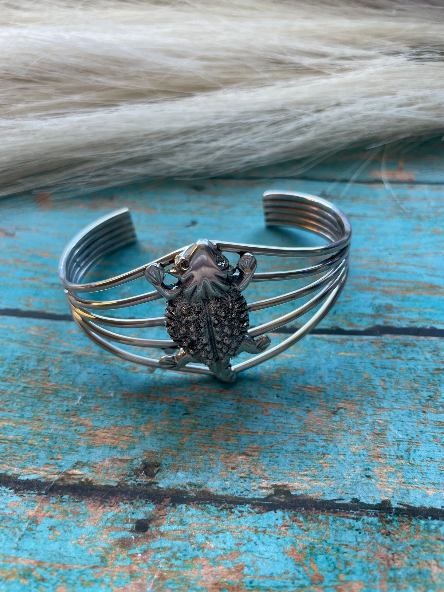 Handcrafted Sterling Silver Horny Toad Cuff Bracelet Signed