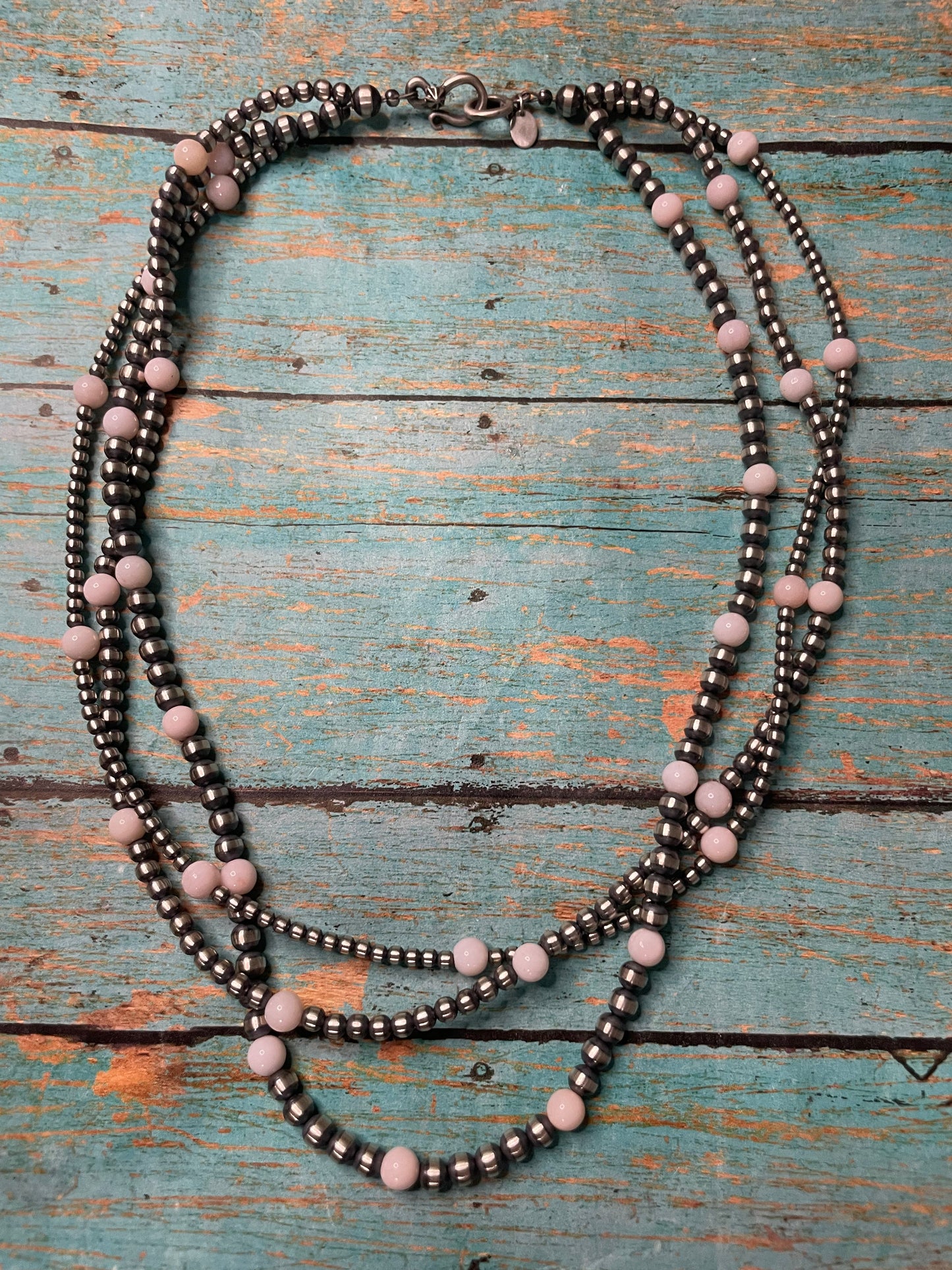 Handcrafted Pink Conch & Sterling Silver 3 Strand Beaded Necklace 20”