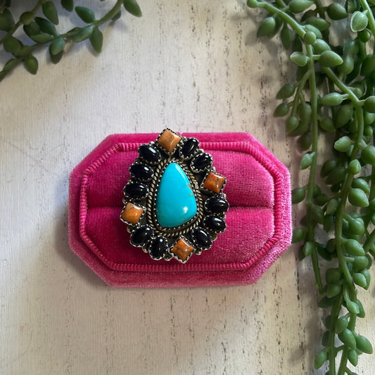 Nizhoni Handmade Turquoise, Black Onyx, Orange Mojave And Sterling Silver Adjustable Ring