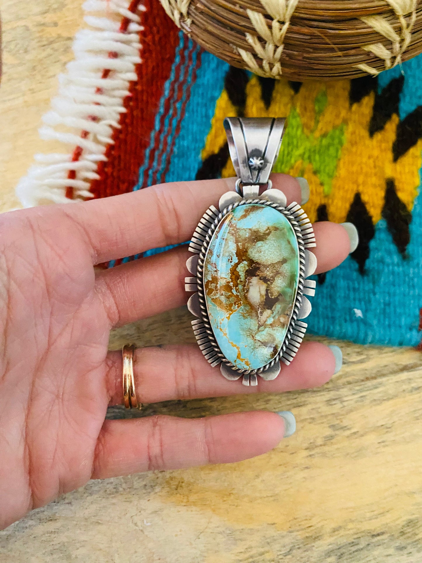 Handcrafted Royston Turquoise and Sterling Silver Pendant by Russell Sam