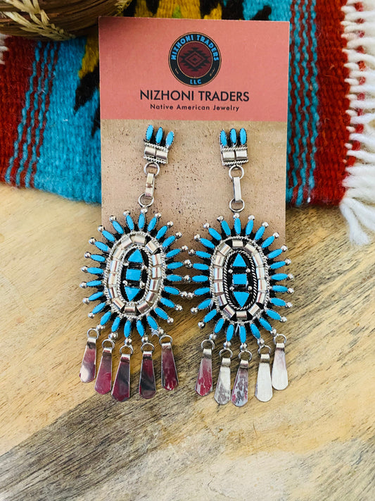 Handcrafted Sterling Silver & Turquoise Cluster Dangle Earrings