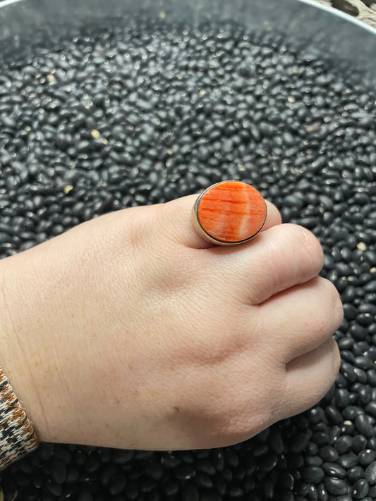 Handcrafted Sterling Silver And Orange Spiny Ring Size 6.5