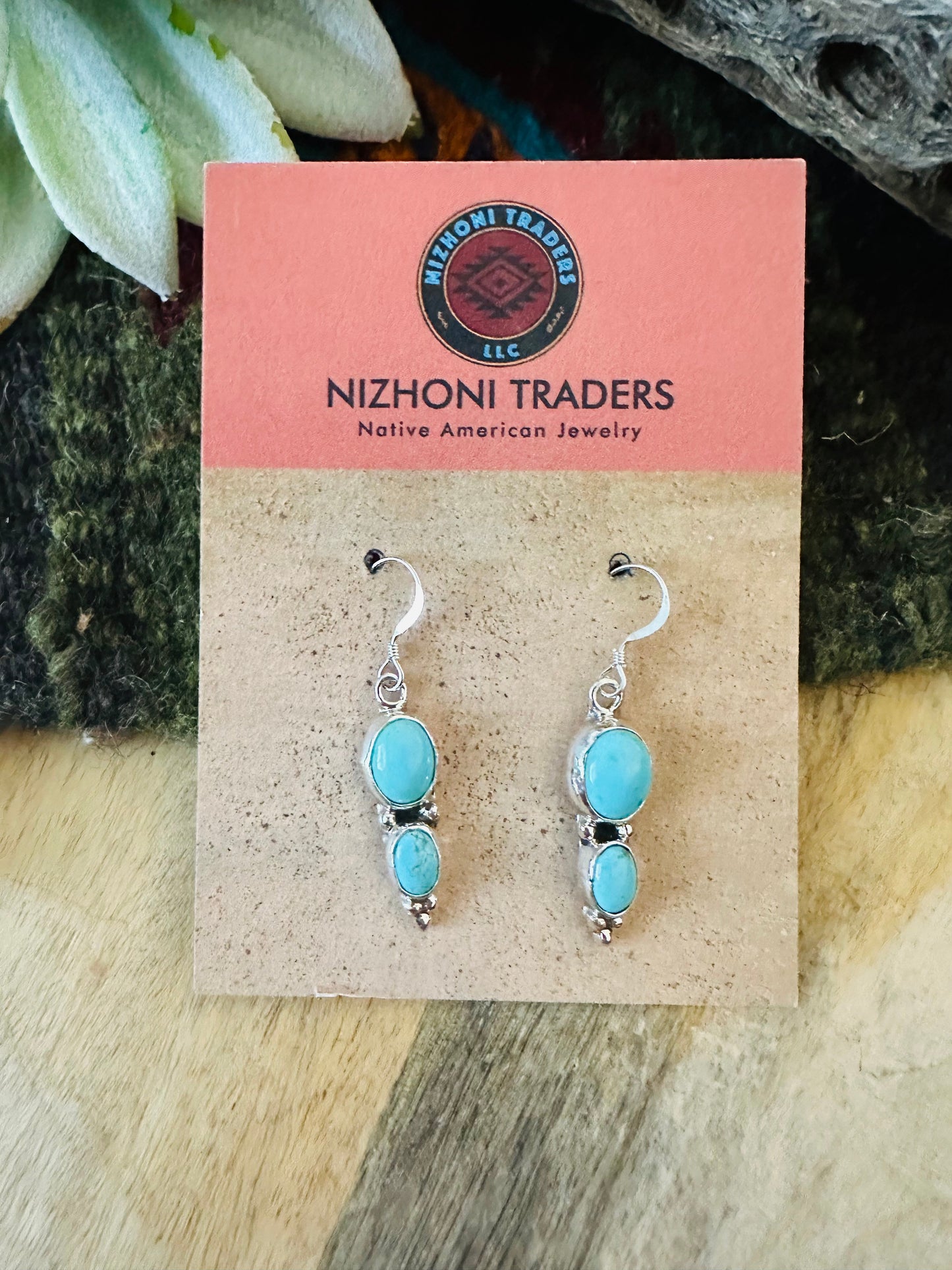 Navajo Turquoise & Sterling Silver Two Stone Dangle Earrings