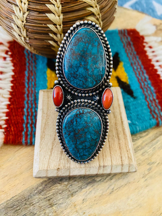 Handcrafted Kingman Turquoise, Coral & Sterling Silver Adjustable Ring