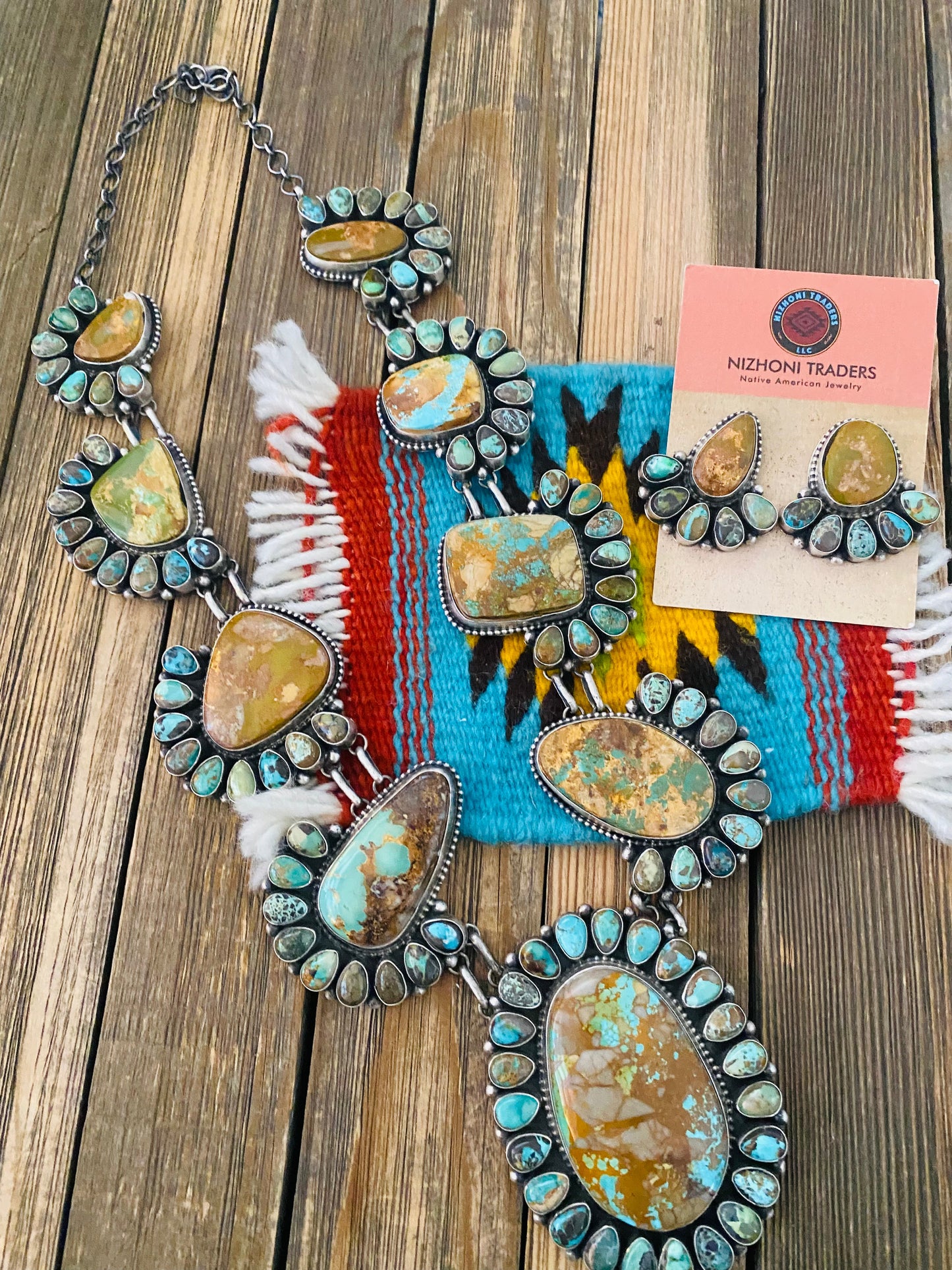 Stunning Handcrafted Sterling Silver & Royston Turquoise Necklace Set by Blaine Yellowhorse