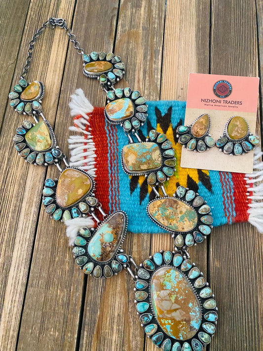 Stunning Handcrafted Sterling Silver & Royston Turquoise Necklace Set by Blaine Yellowhorse