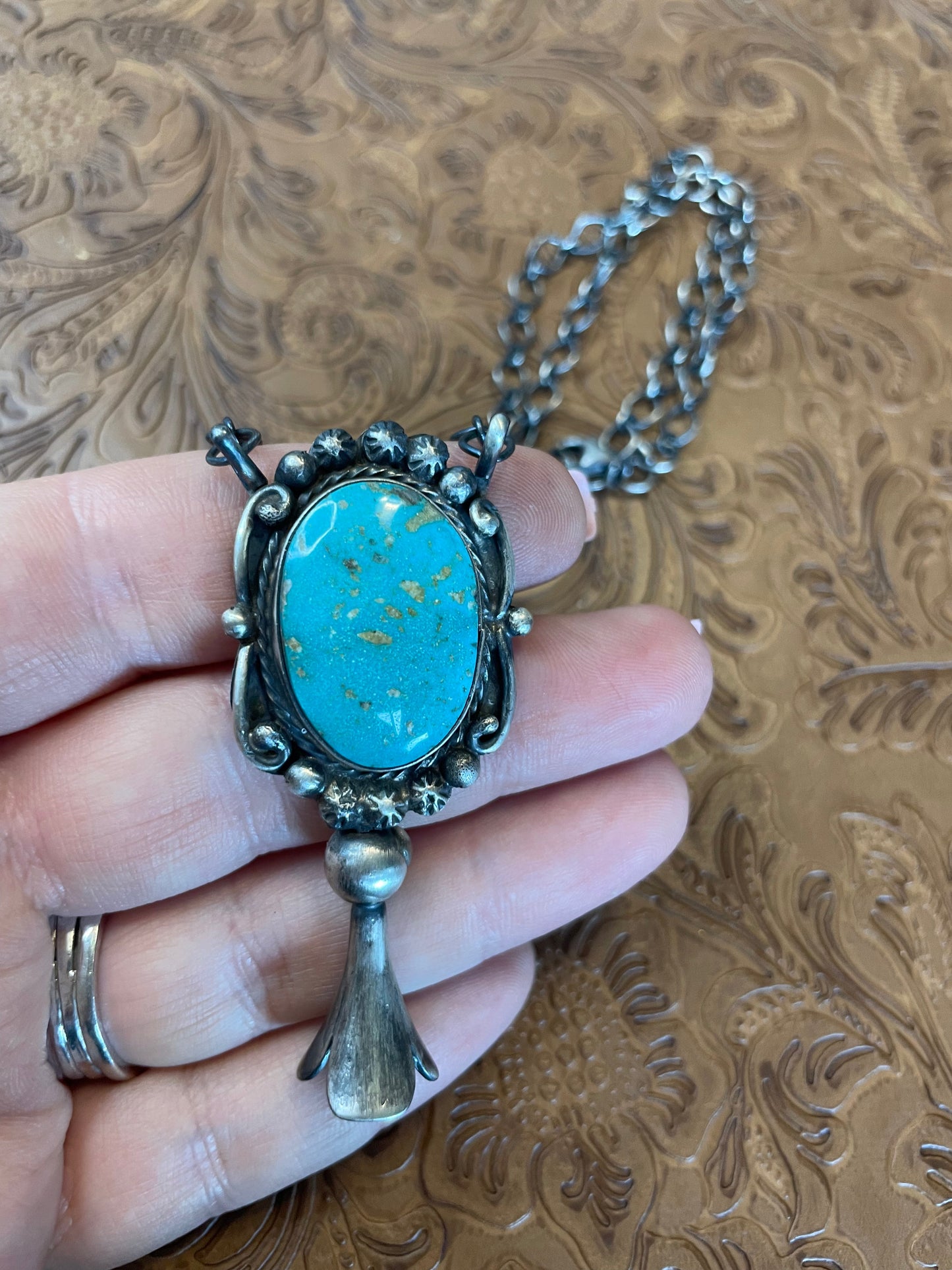 Handcrafted Sterling Silver And Turquoise Blossom Necklace Signed