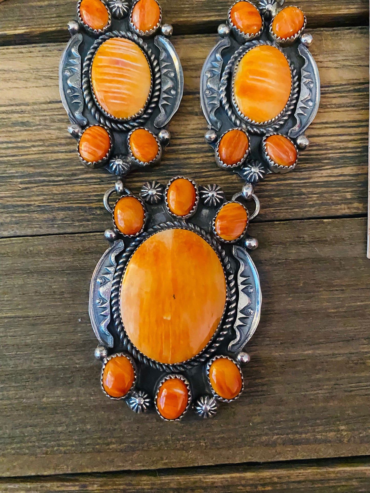 Handcrafted Orange Spiny And Sterling Silver 4 Piece Set by Kevin Billah