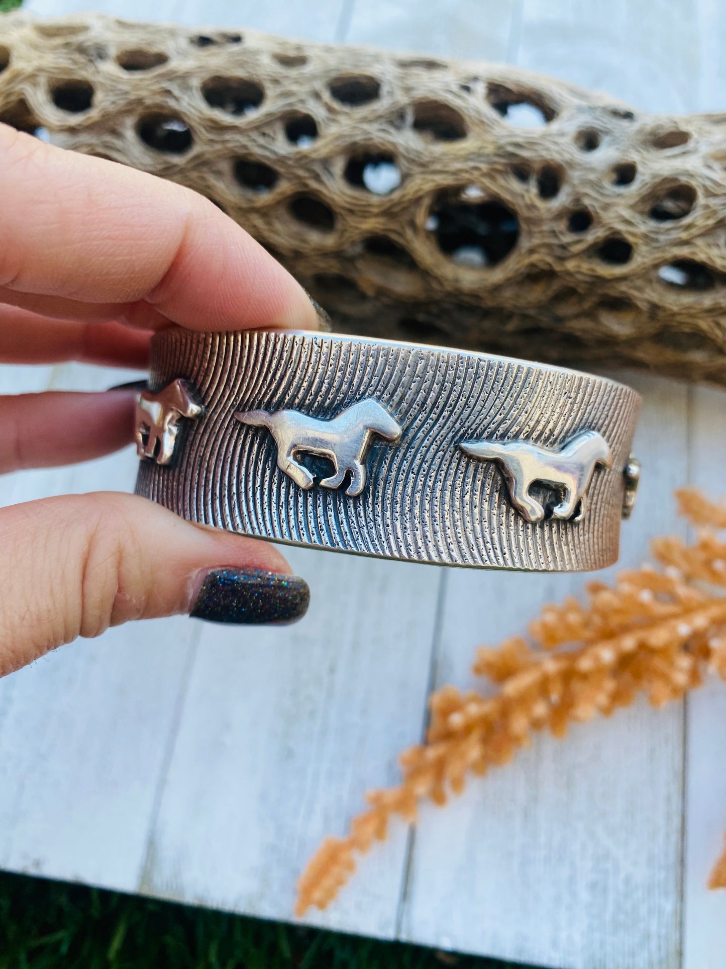 Handcrafted Sterling Silver Horses Cuff Signed