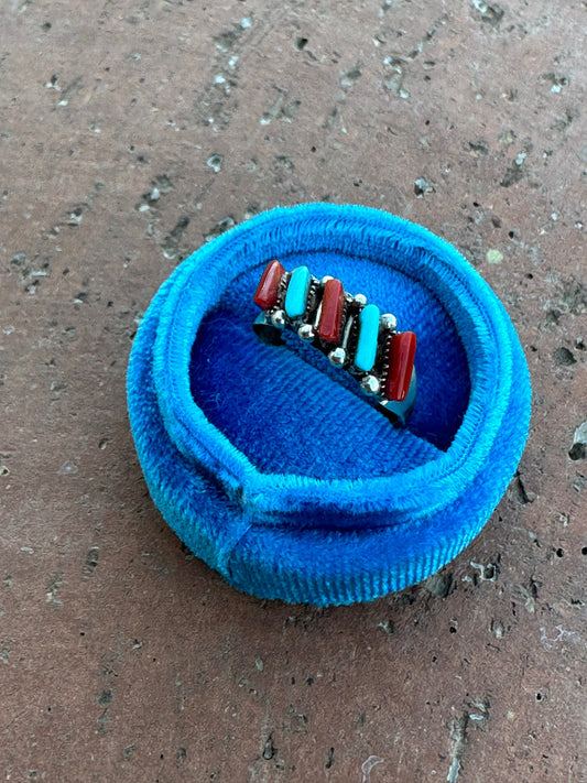 Handcrafted Needlepoint Sterling Silver & Coral 5 Stone Ring
