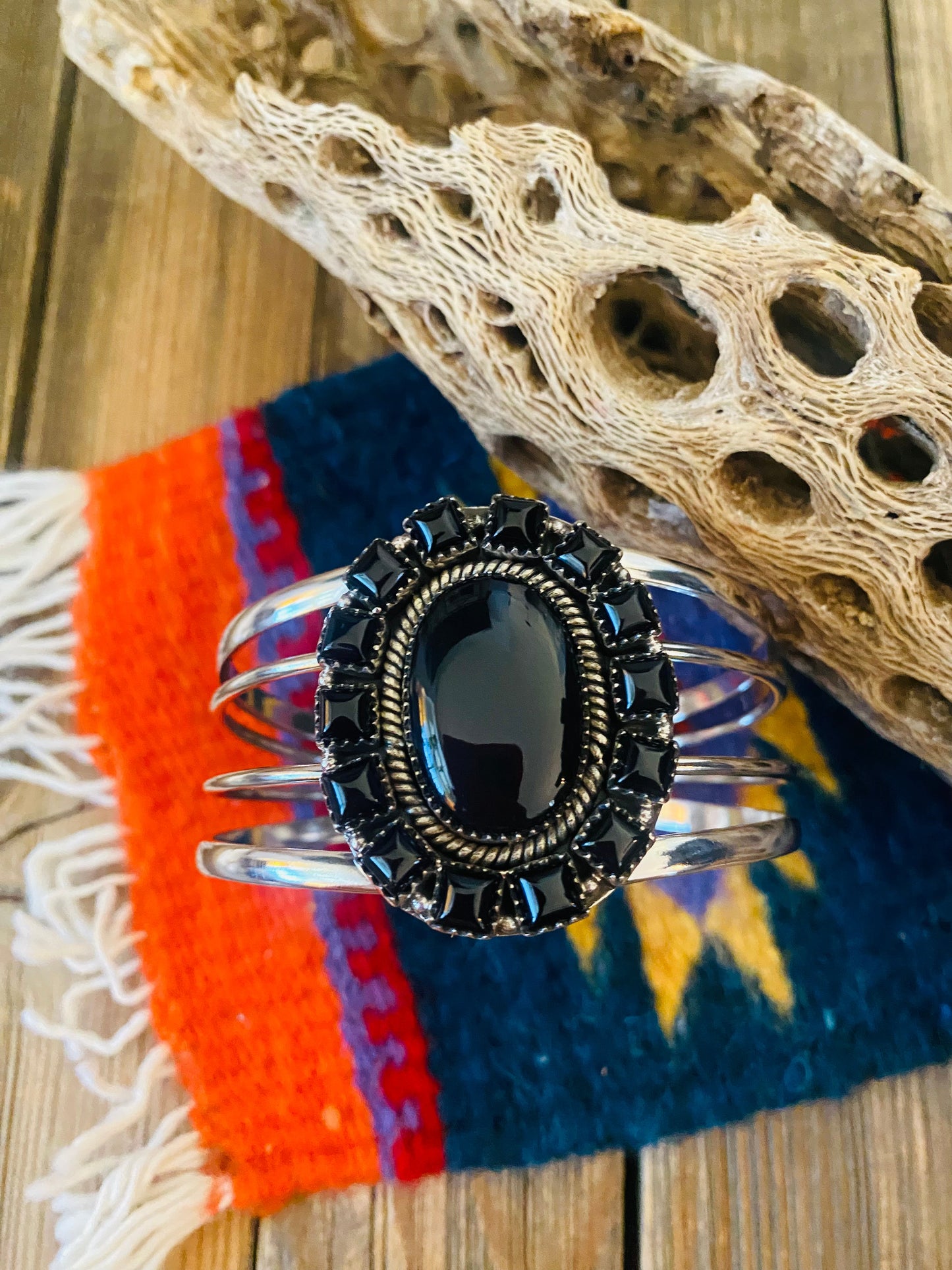 Handmade Sterling Silver & Onyx Cluster Cuff Bracelet