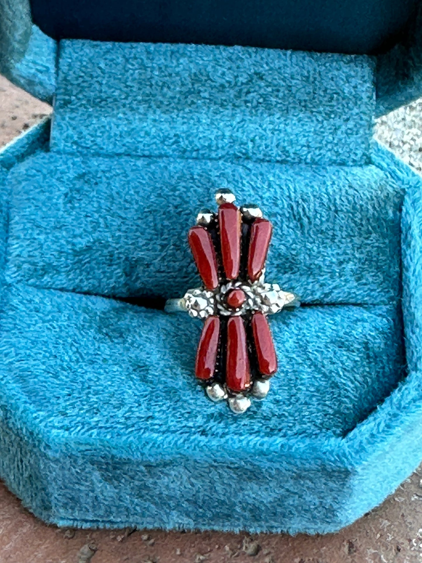 Handcrafted Sterling Silver & Coral Needlepoint Ring