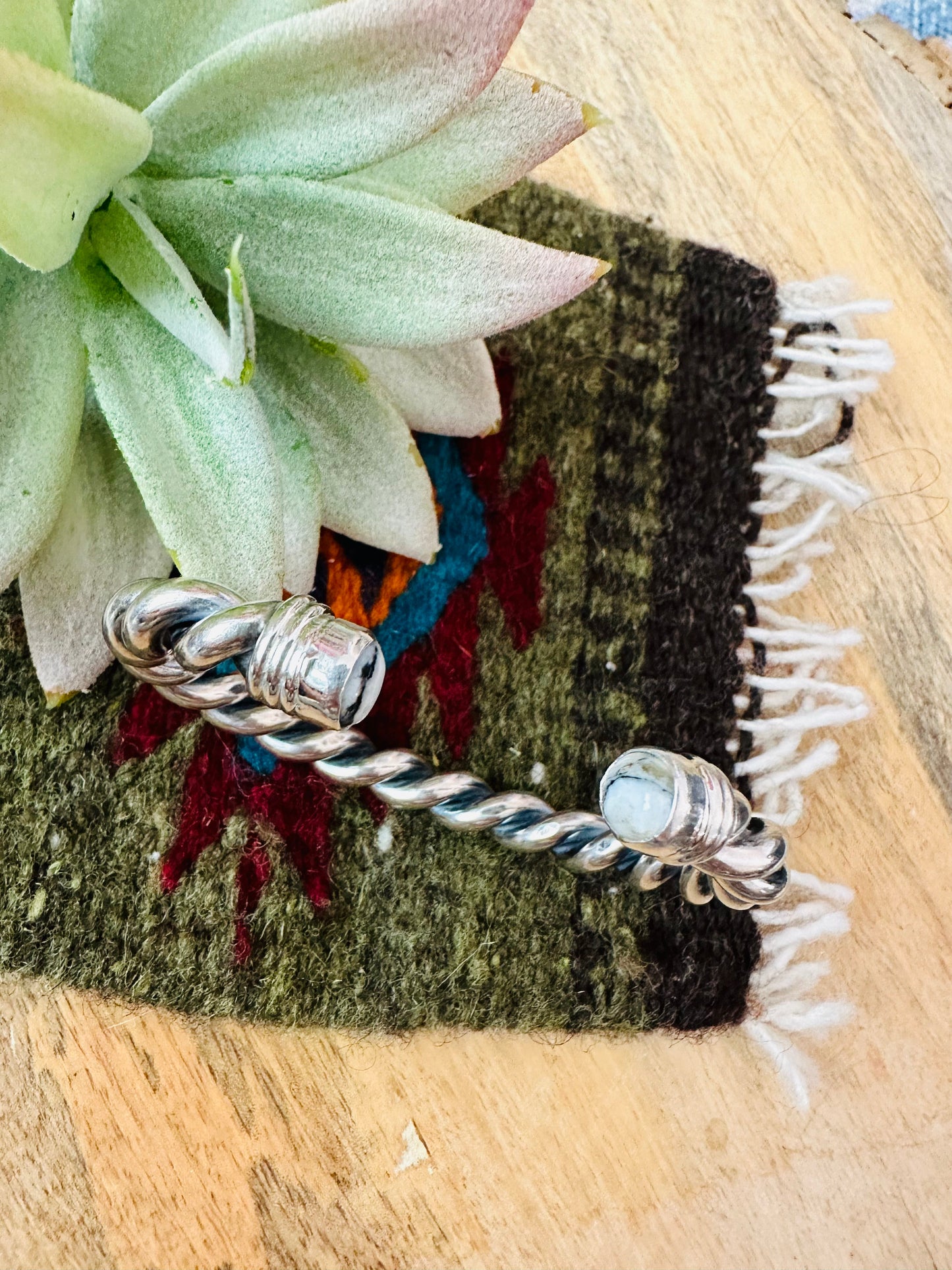 Navajo White Buffalo & Sterling Silver Twisted Floating Cuff Bracelet