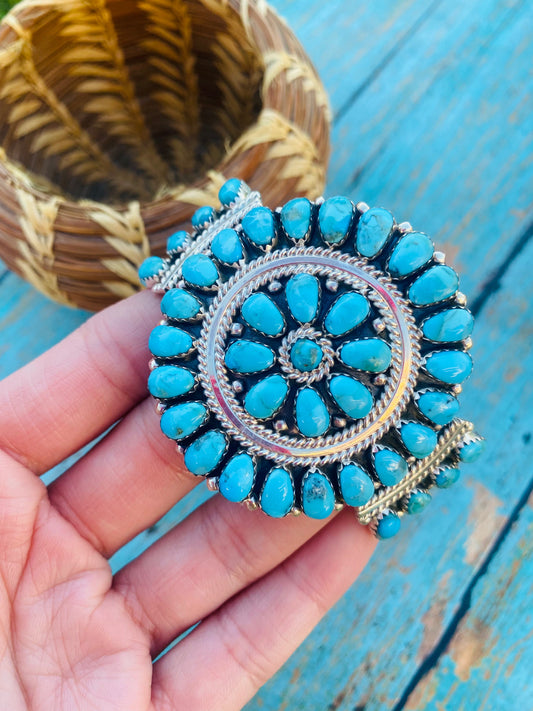 Handcrafted Kingman Turquoise & Sterling Silver Cluster Bracelet Cuff /