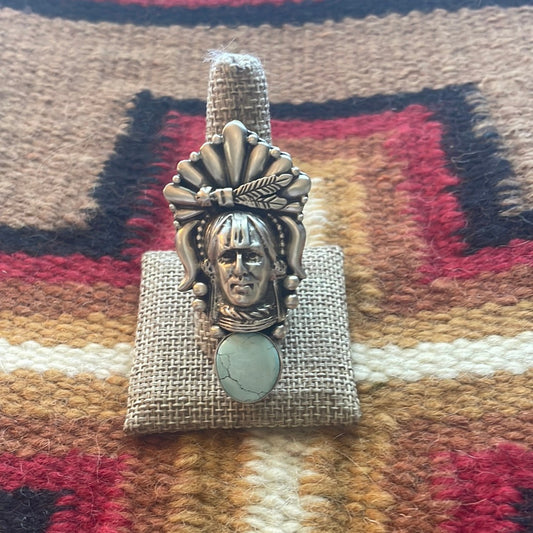 Beautiful Handcrafted Sterling Silver & Turquoise Chief Adjustable Ring Signed Russell Sam