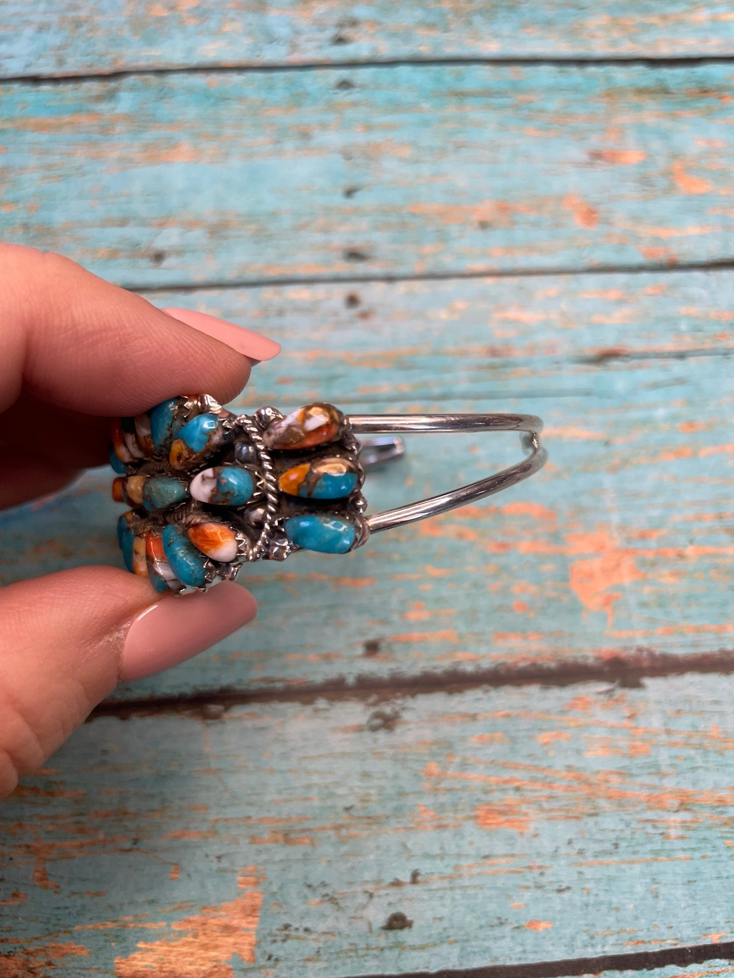 Navajo Multi Stone Spice And Sterling Silver Cluster Bracelet Cuff