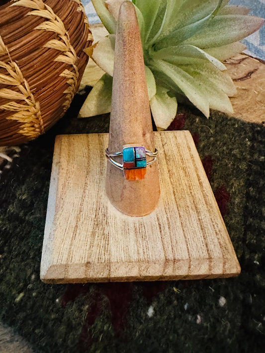 Handcrafted Sterling Silver & Multi Stone Inlay Ring Size 8.25