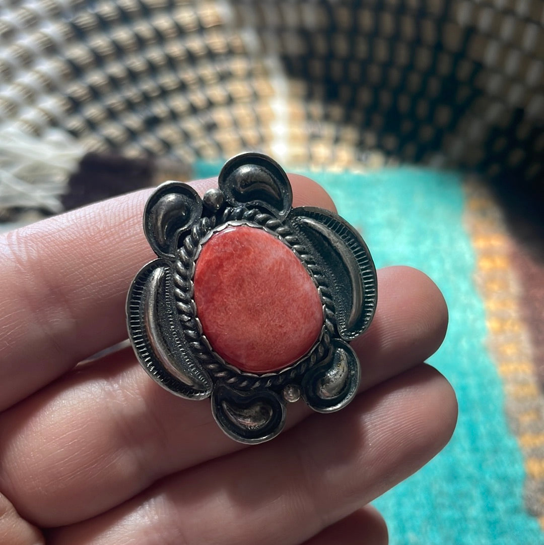 Navajo Red Spiny & Sterling Silver Ring Size 7 Signed Kirk Smith