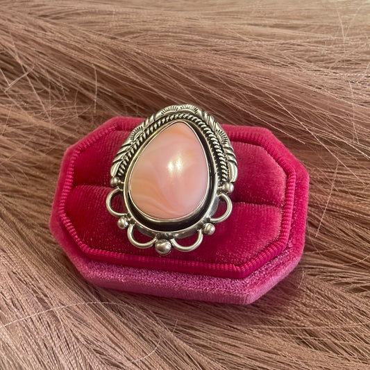 Gorgeous Handcrafted Pink Peruvian Opal And Sterling Silver Adjustable Ring