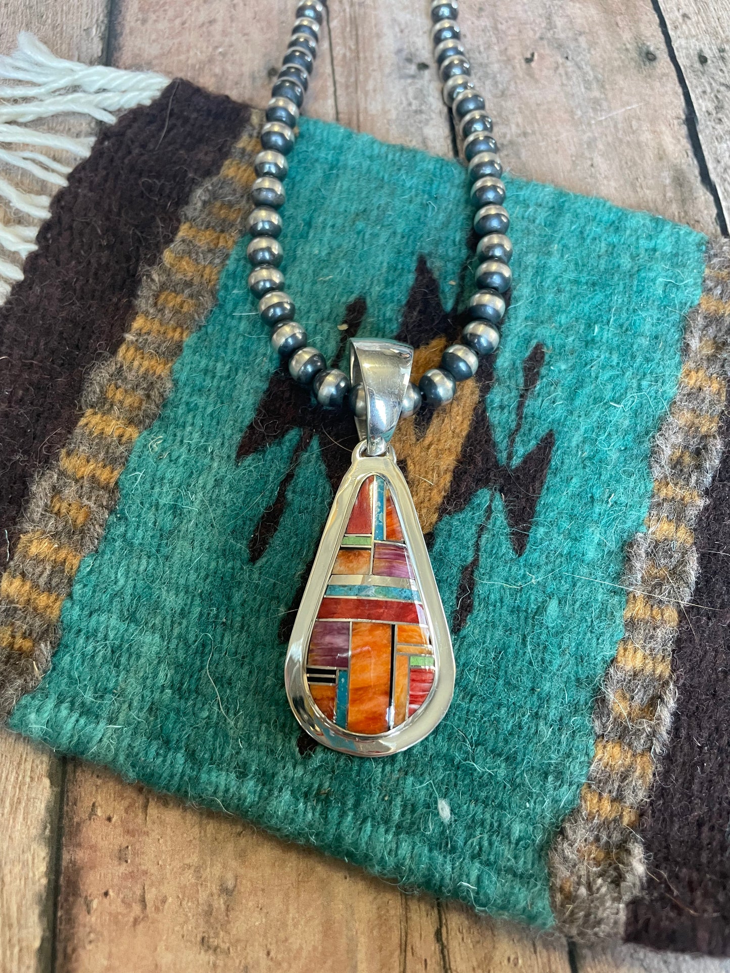 Handcrafted Multi Stone Inlay & Sterling Silver Pendant Signed