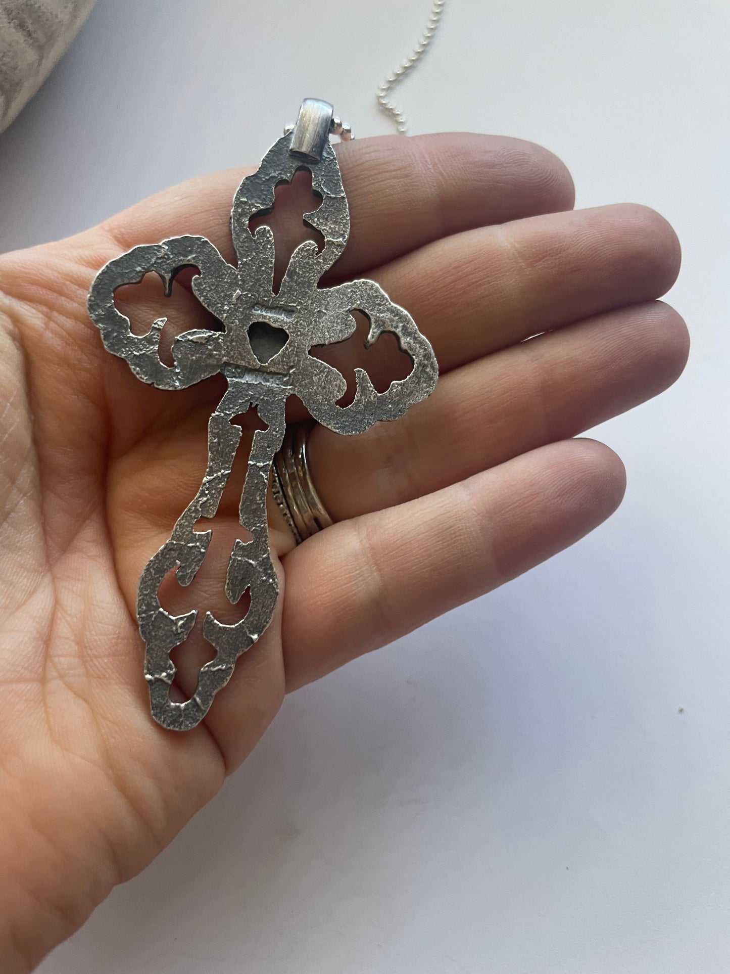 Handcrafted Sterling Silver & Turquoise Cross Pendant Signed Eugene Mitchell