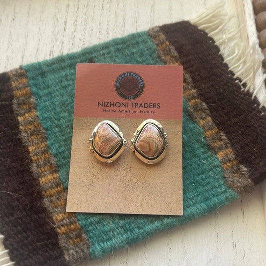 Handcrafted Sterling Silver & Rhodochrosite Stone Post Earrings Signed