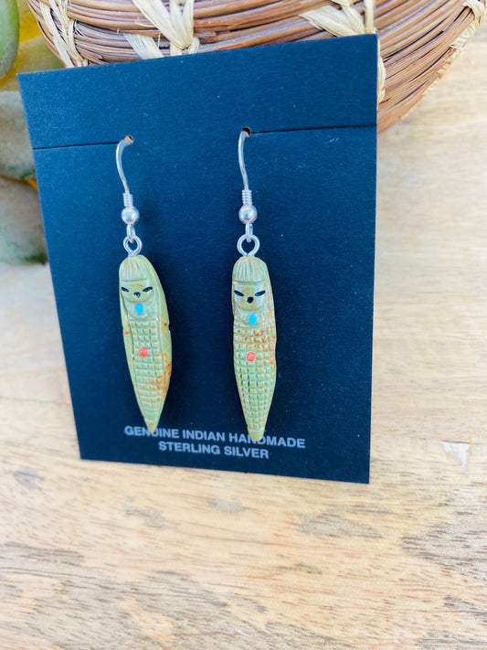 Vintage Handcrafted Hand Carved Turquoise Corn Maiden Fetish Earrings