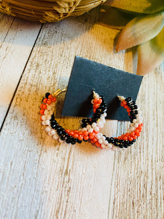 Handcrafted Handmade Beaded Hoop Earrings- orange