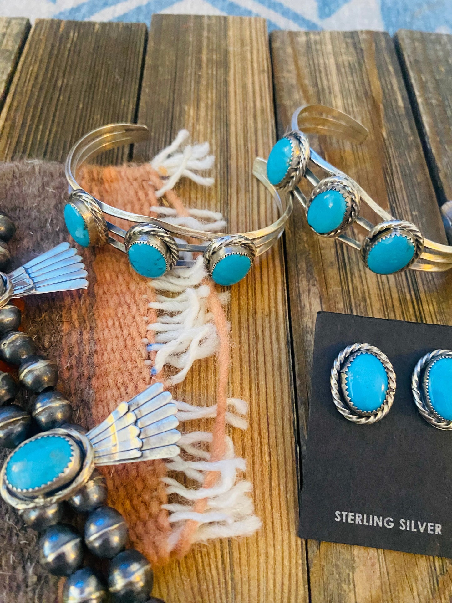 Old Pawn Vintage Handcrafted Turquoise And Sterling Silver 4 Piece Set
