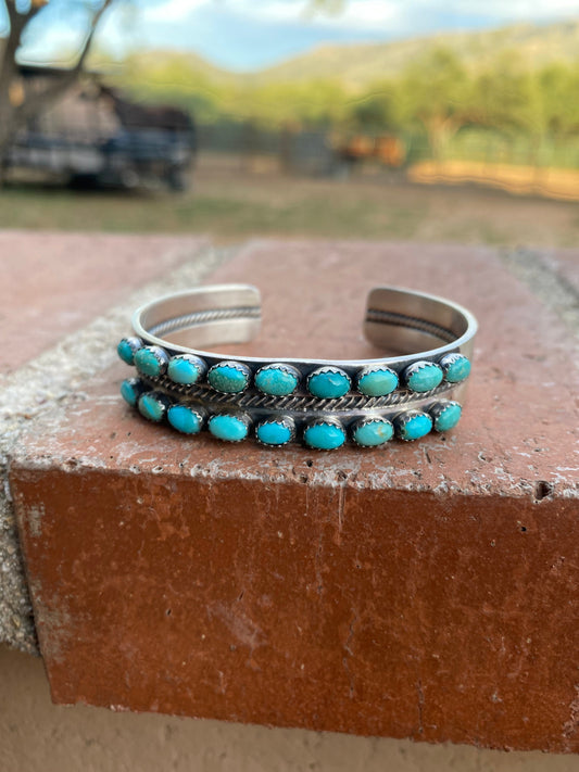 Paul Livingston Sterling Silver Snake Eye Carico Lake Turquoise 2 Row Cuff