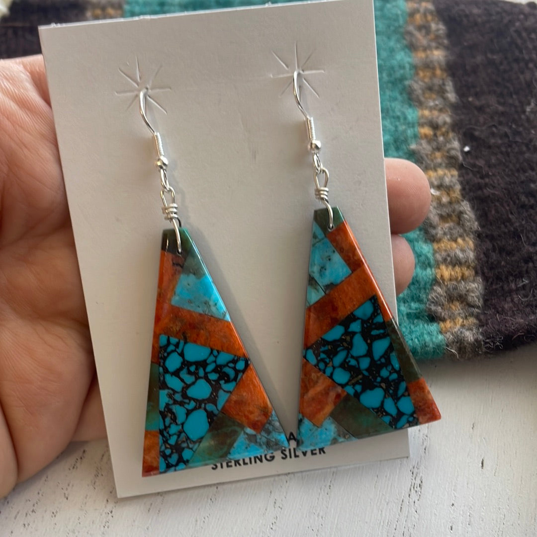 Handcrafted Multi Stone Inlay Dangle Earrings
