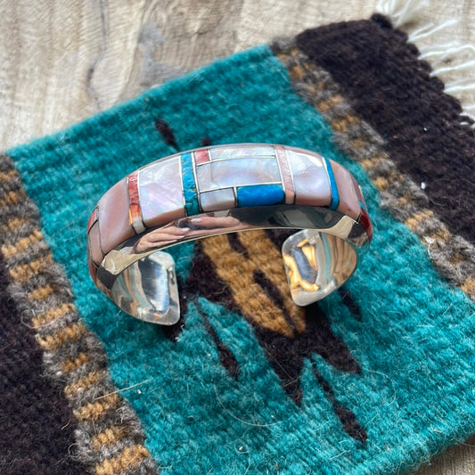 Handcrafted Multi Stone & Sterling Silver Inlay Cuff Bracelet
