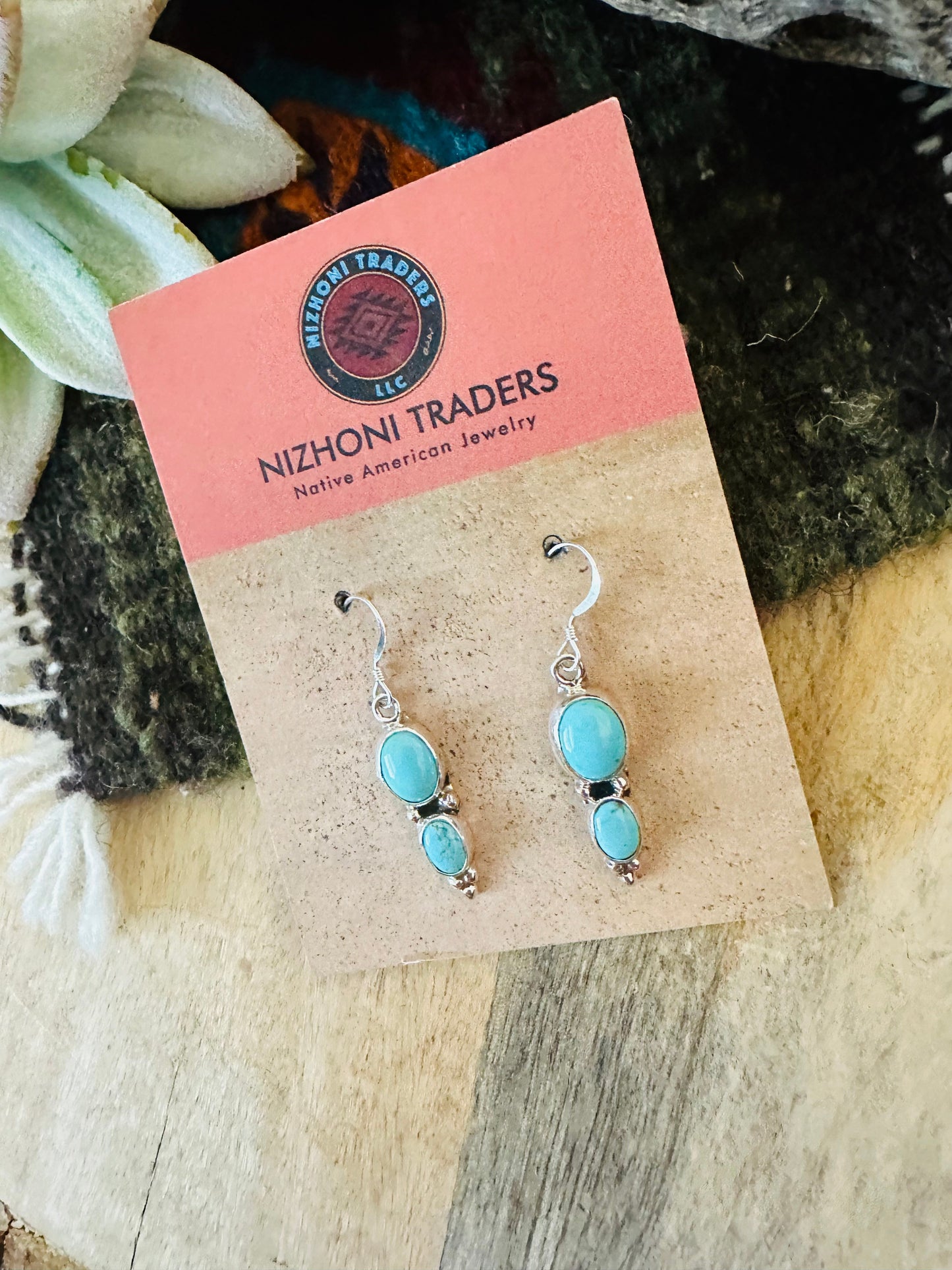 Navajo Turquoise & Sterling Silver Two Stone Dangle Earrings