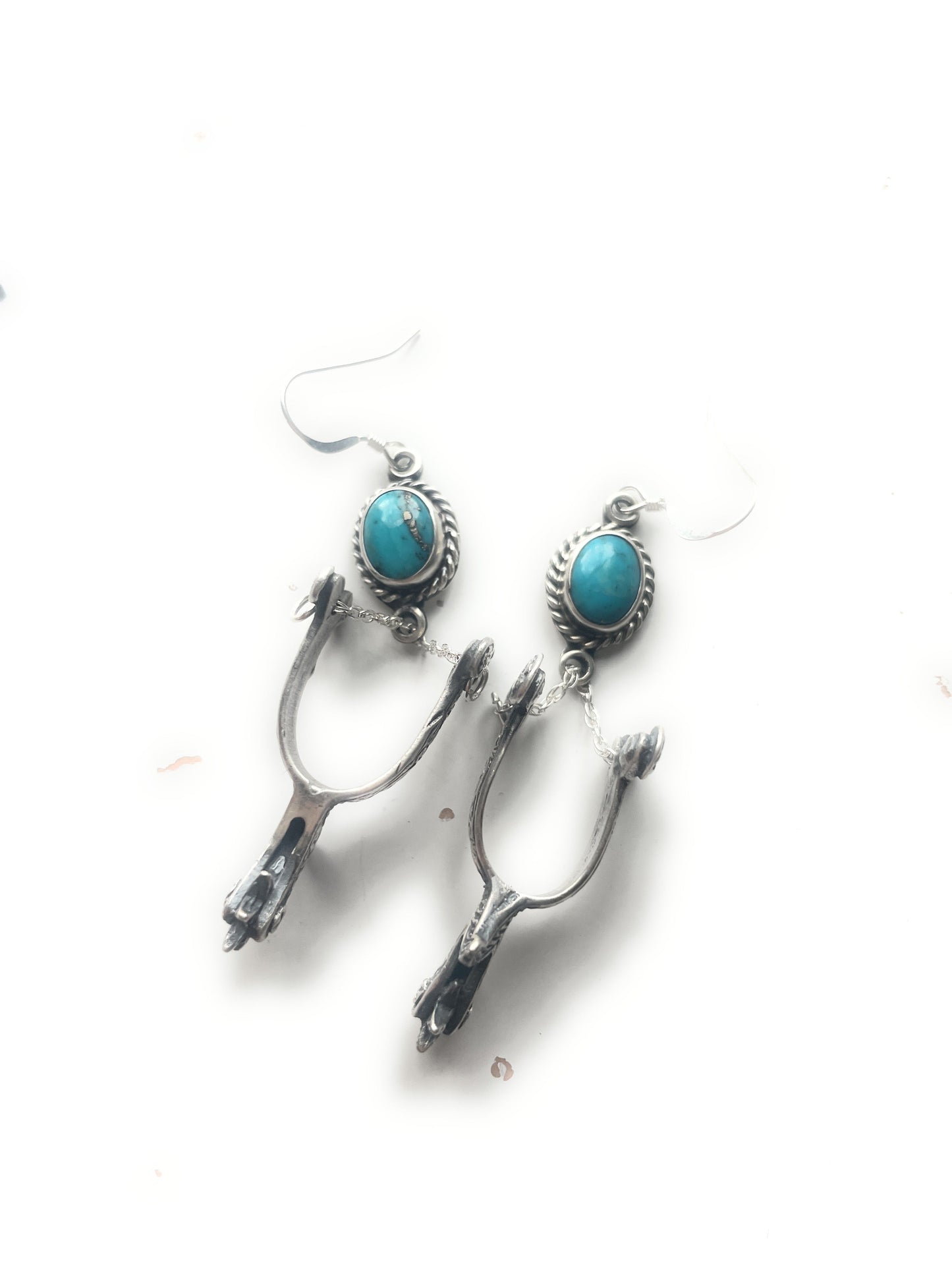 Navajo Sterling Silver And Turquoise Dangle Spur Earrings