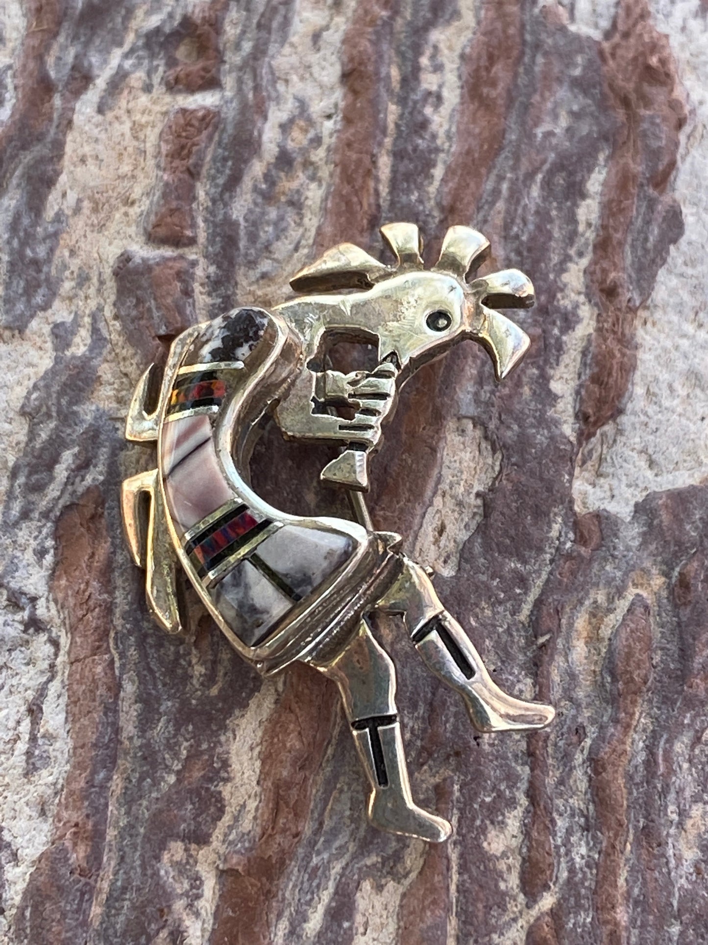 Handcrafted Onyx, Purple Spiny and Fire Opal  Sterling Silver Kokopelli Pin Pendant