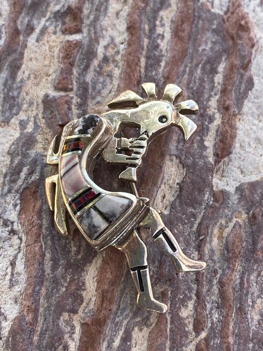 Handcrafted Onyx, Purple Spiny and Fire Opal  Sterling Silver Kokopelli Pin Pendant