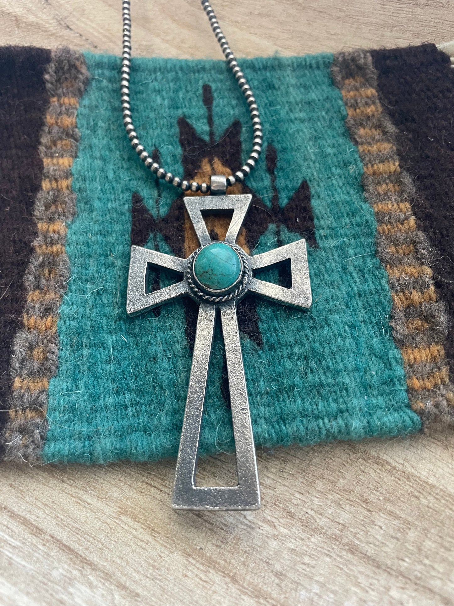 Handcrafted Sterling Silver & Turquoise Cross Pendant Signed Eugene Mitchell